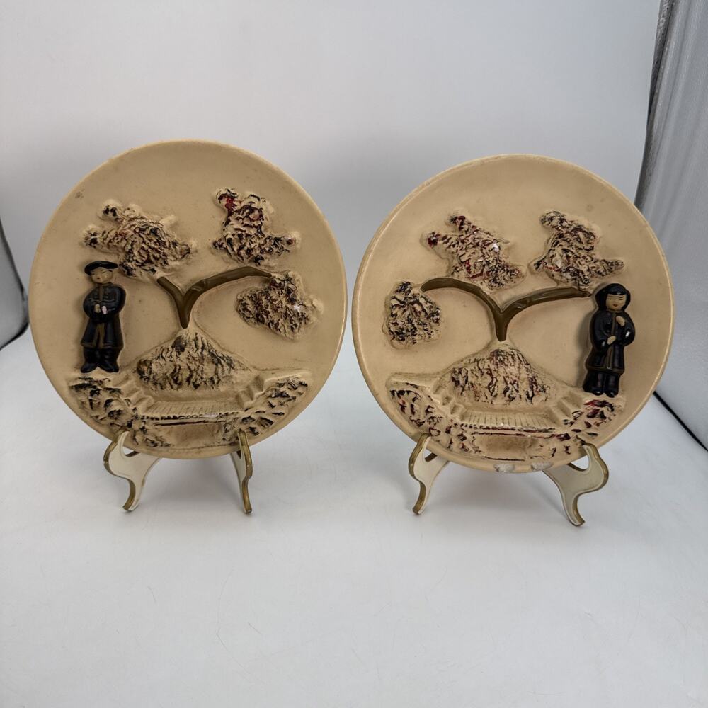 Pair Of Vintage Asian Couple - Chalkware Wall Art Hanging 9” Cherry Blossoms⬇️